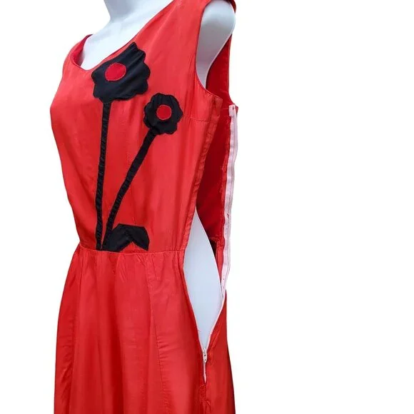 Vintage 30s Style Red Orange Acetate Maxi Size S Black Appliqué Gown Prom Dress - Picture 5 of 14